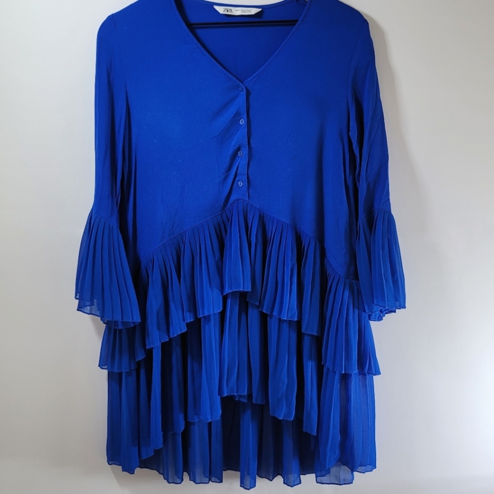 ZARA Blue Contrasting Pleated Dress Blouse Tunic